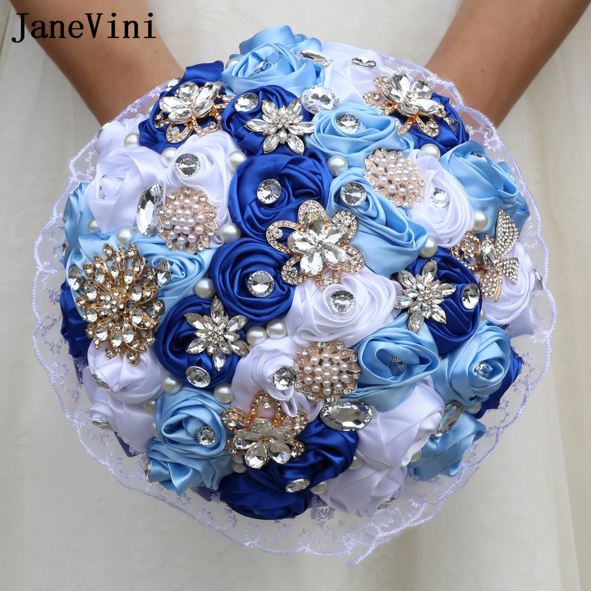 

JaneVini Blue Rose Crystal Diamond Bouquet Wedding Bride Flowers Luxury Beads Pearls Bridal Bouquets Ramos De Flores Artificial