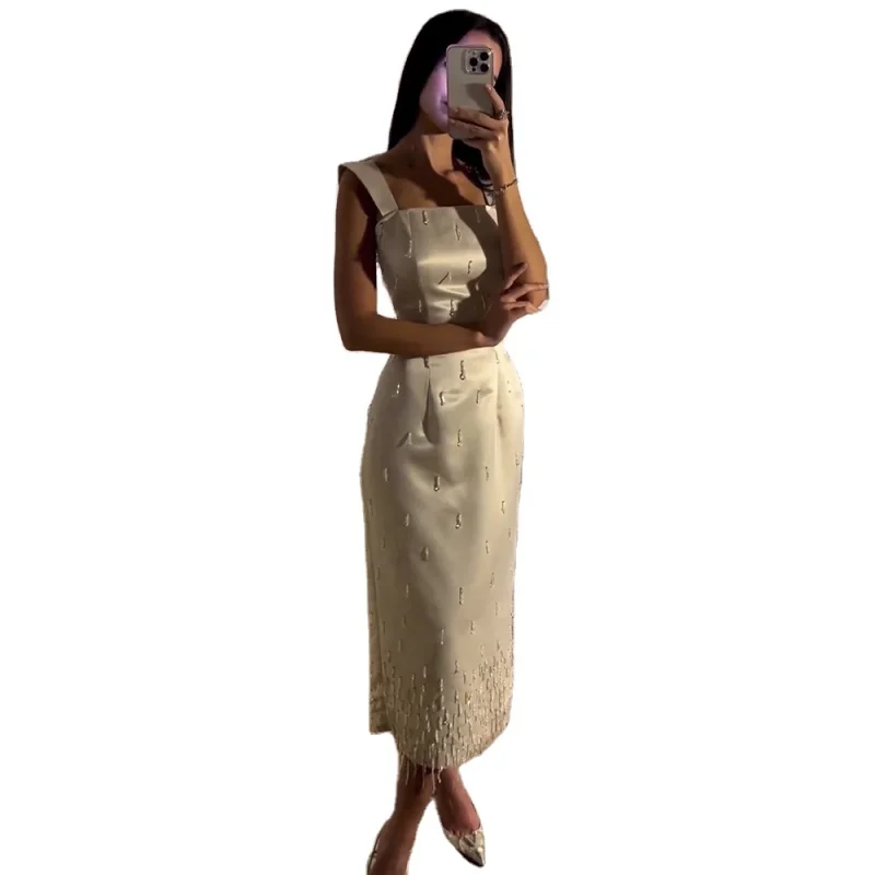 

Beige Mermaid Sleeveless Tassel Elegant Evening Dresses Ankle Length Customized OEM/ODM Party Gowns For Women 2023