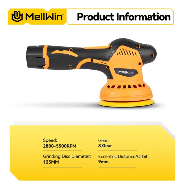 MELLWIN 125mm 8 Marce Display Digitale Cordless Auto Elettrica Lucidatore Auto Lucidatura Ceretta Levigatrice Per 12V Batteria 2