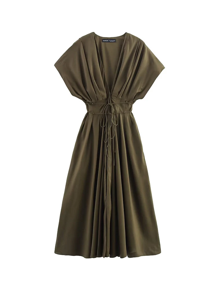 TFMLN 2025 New Women Pleated V Neck Midi Dress Elegant Short Raglan Sleeves Lace Up Slimming Dress Women Fashion Button Outfit