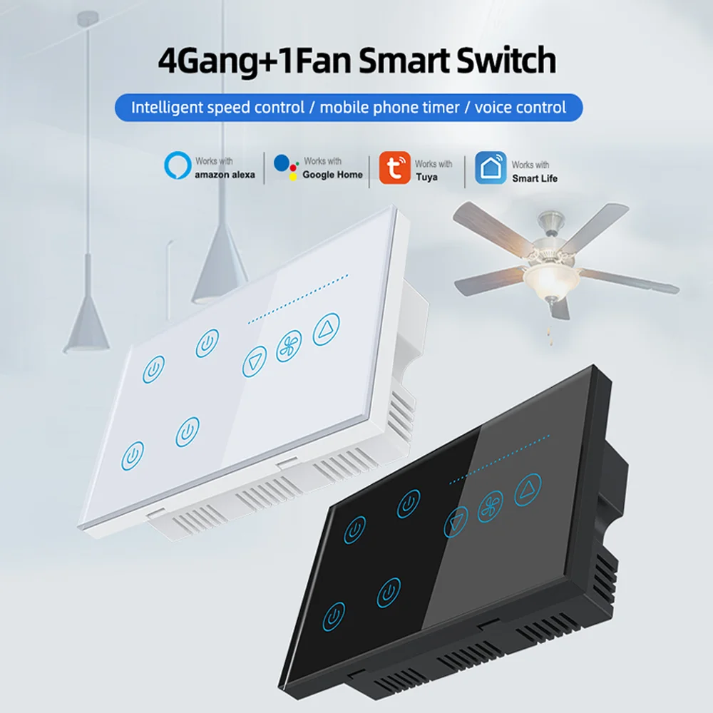 Tuya Wifi Smart Light 4 Gang Switch Fan Speed Dimmer interruptor Glass Touch Panel Power Metering Remote by Alexa Google Home smart switch smart light switch