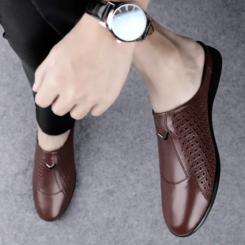 Fashion Mens Half Loafers Genuine Leather Baotou Leather Sandals Hollow Out Breathable Mules Man Outdoor Lightweight Half Shoes 2