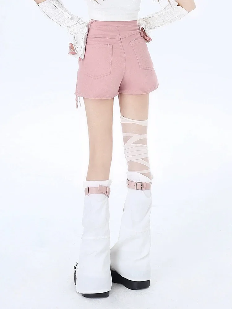 Fashion Lace-up Sweet Simple New Y2k Shorts for Women Summer Classic Solid Color Basic High Waist Casual Pink Female Jean Shorts
