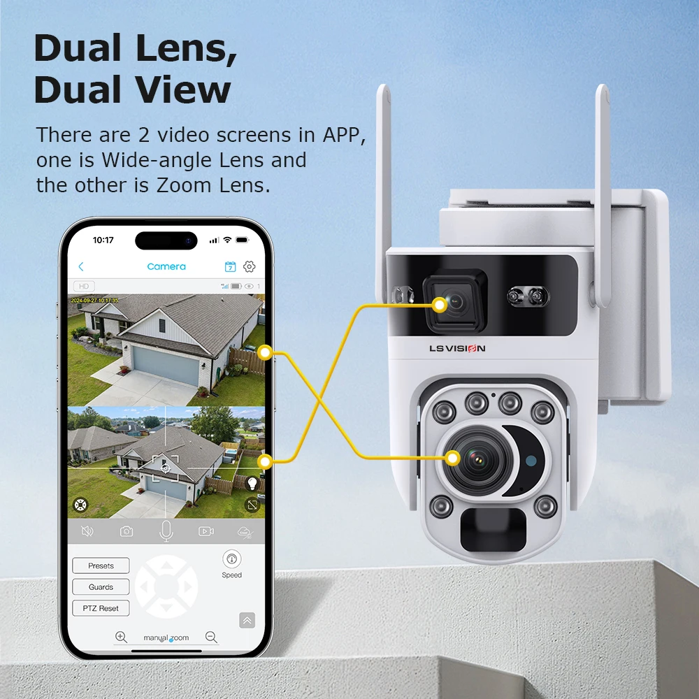 LS VISION 12MP 60배 광학 줌 듀얼 스크린 4G 태양광 카메라 WiFi PTZ PIR 감지 인체 자동 추적 보안 카메라 실외용