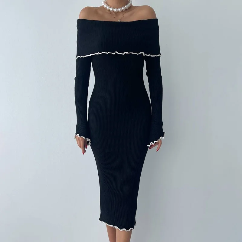 Ruffled Slim Knit Dress Women's Backless Long Sleeve Bandeau Contrast Autumn Party Dress Fashion Knitwear Maxi Dress