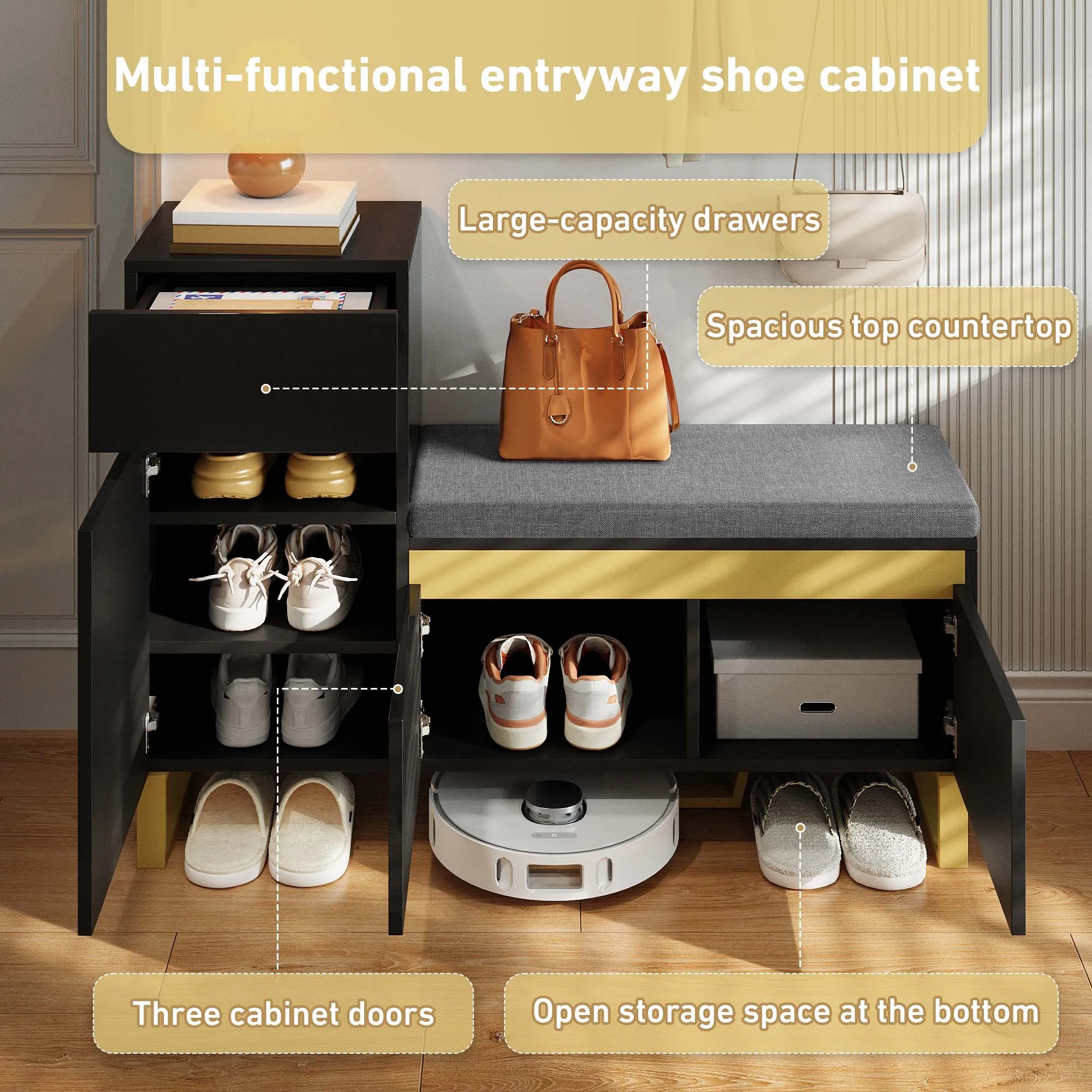 PINGGO Schuhschrank mit großem Fassungsvermögen, moderner, minimalistischer, mehrschichtiger Eingangsschrank mit Schublade und Tür für die Organisation zu Hause – Detail 3