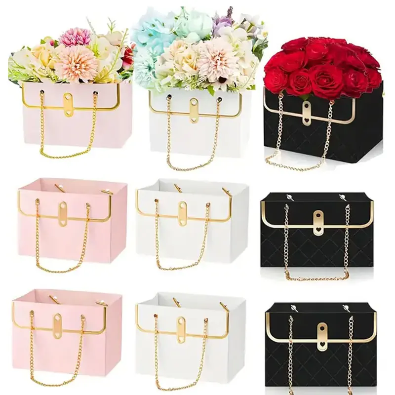 1/3pcs Elegant Portable Flower Gift Boxes Metal Chain Handles Paper & Metal Bouquet for Wedding Birthday