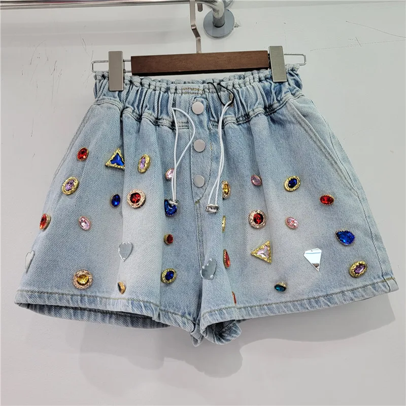 

Fashion Diamonds Blue Denim Shorts for Women Elastic High Waist Loose Slimming Wide Leg Jeans Shorts 2023 New Summer Short Femme