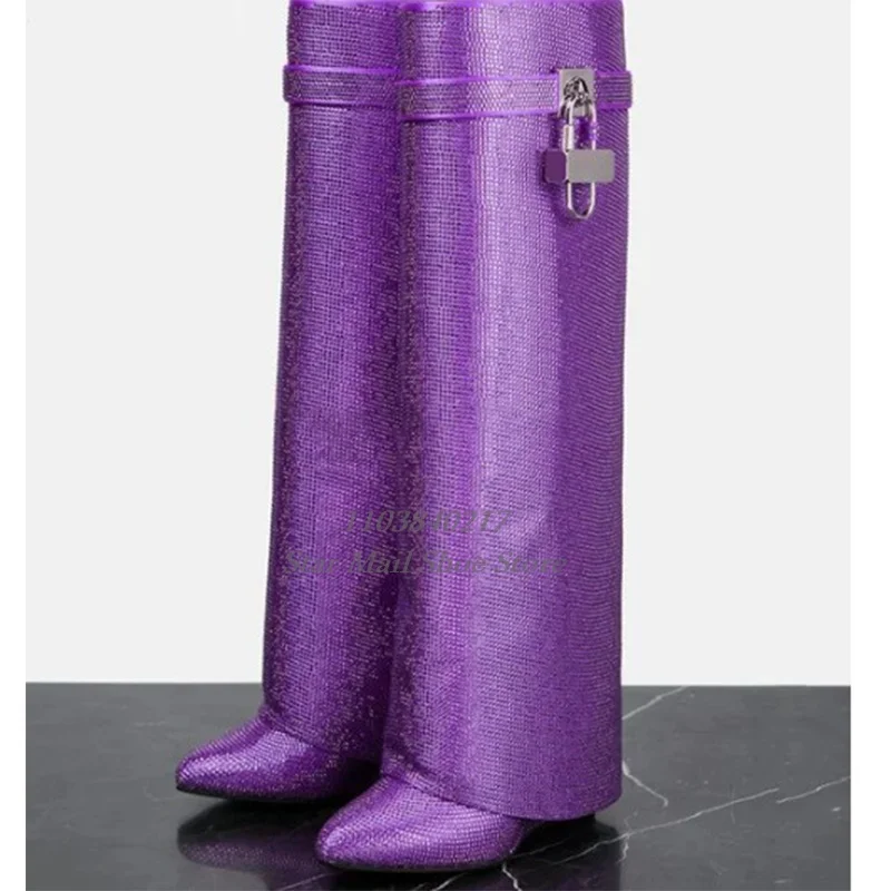 Luxury Bling Rhinestone Padlock Wedges Women Boots Pointed Toe Knee-Length Fashion Trouser Boots Colorful Party Street Catwalk