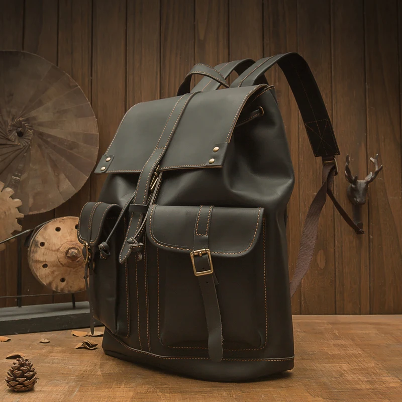 Handmade Full Grain Cowhide Leather Backpack Men Genuine Leather School Bag Large Space Office Laptop Rucksack Casual Travel Bag