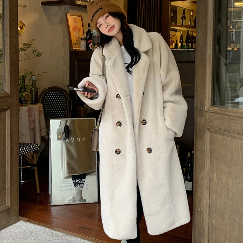Women High-Quality Imitation Mink Fur Winter Thickening Coat Plus Size Long Faur Collar Overcoat Turn-Down Collar Loose Coat