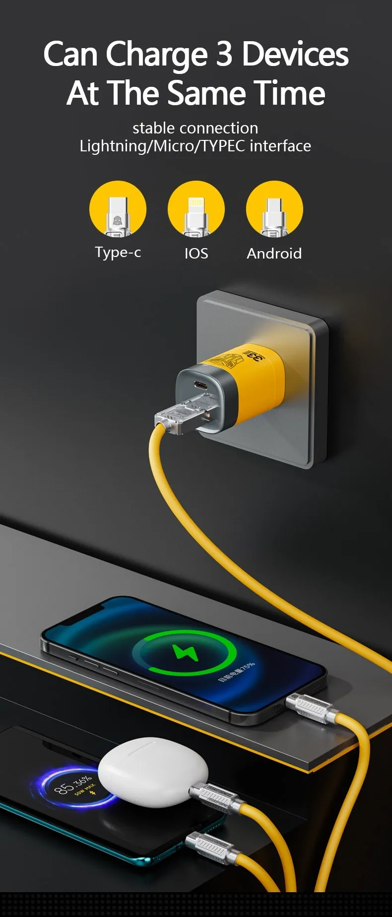 Transformers Micro USB Type-C Chargeur rapide Câble de données de charge 3 en 1