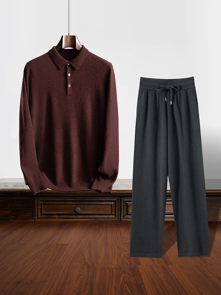 CHICUU Men 100% Cashmere Sweater Pants Suit Autumn Winter Polo Pullover Straight Pants Smart Casual Style Clothing Comfy Soft 5