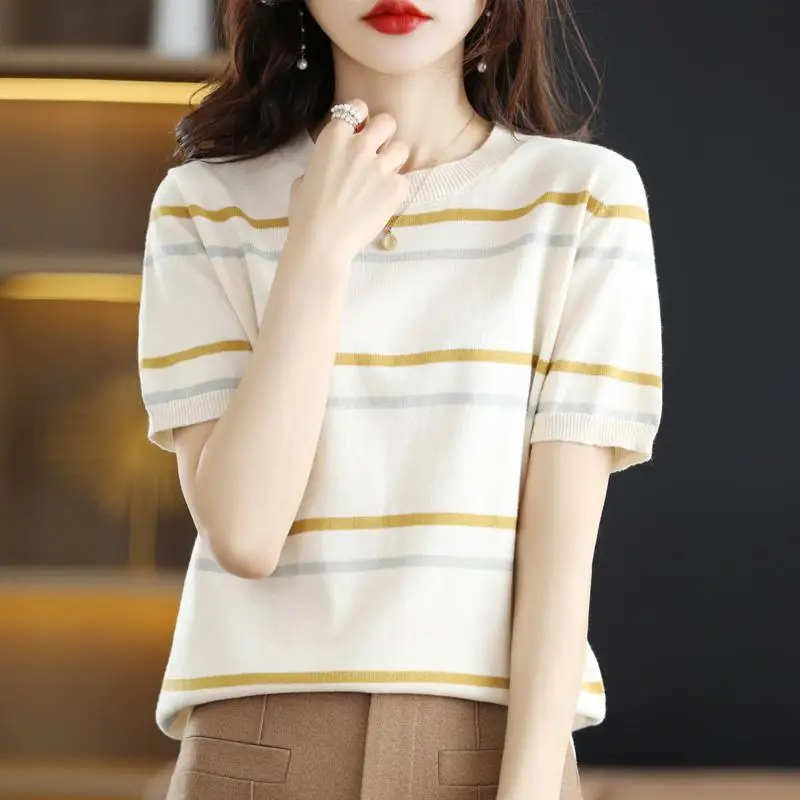 

Summer Striped Short Sleeve Knitted T-Shirt Women Clothing Fashion All-match Panelled Bottoming O-Neck Casual Loose Pullover Top