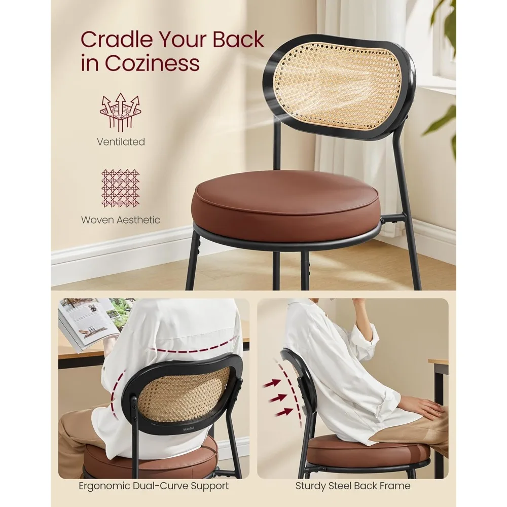 Dining Chairs, Set of 2 Dining Room Chair with Boho PE Rattan Back, Synthetic Leather Upholstered Accent Chairs 4