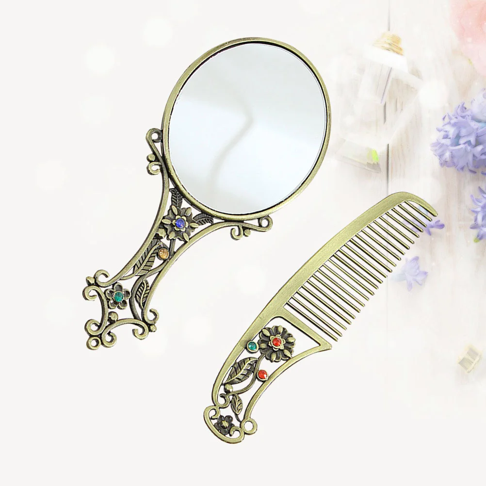 

Makeup Mirror Comb Set Brush Vintage Metal Portable Hair Comb Gift for Lady Woman ( mixed Pattern )