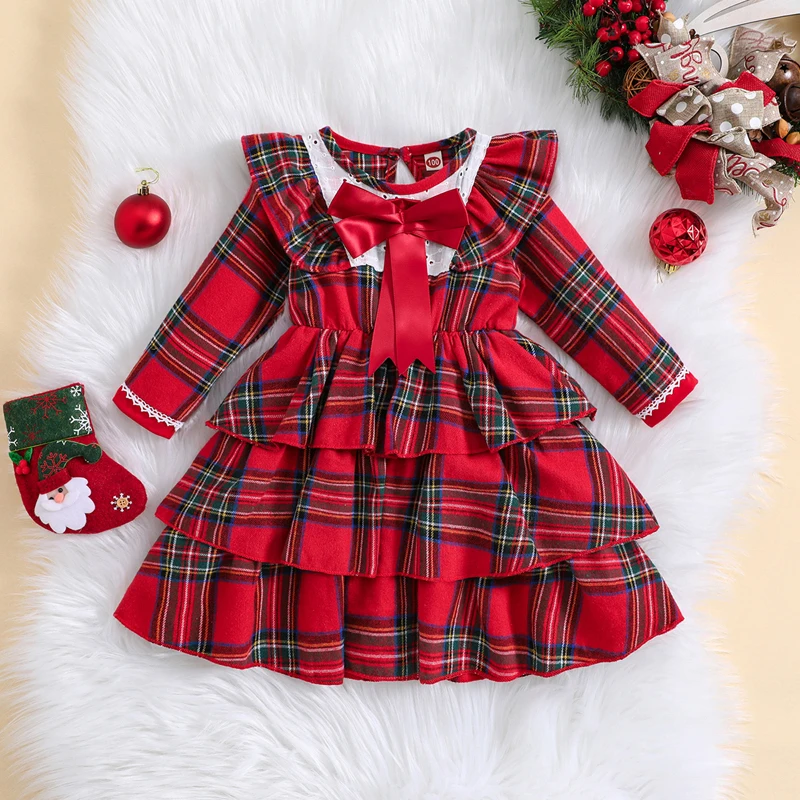 

Kids Clothes Girls Christmas Dress Long Sleeve Lace Trim Ruffle Plaid Vintage Dresses Children Party Princess Costume Clothes