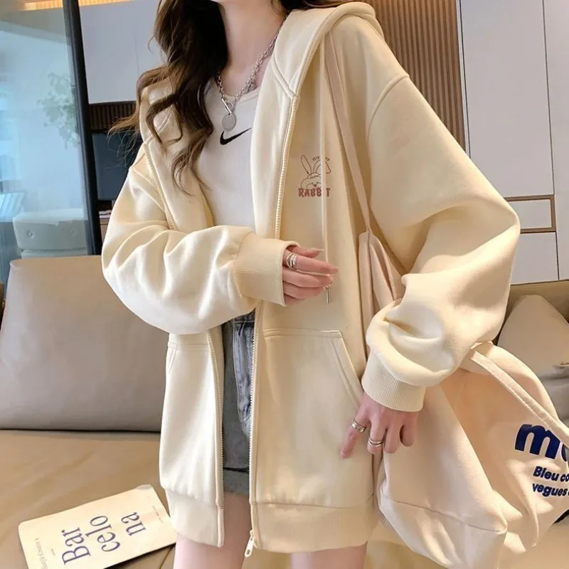 2023 Spring Autumn New Embroidered Pattern Hooded Short Hoodie Girls Cardigan Commuting Coat Lazy Wind Loose Long-sleeved Blouse