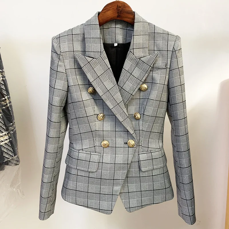 

2023 new European and American star women's jacket double-breasted lion button slim British plaid check suit