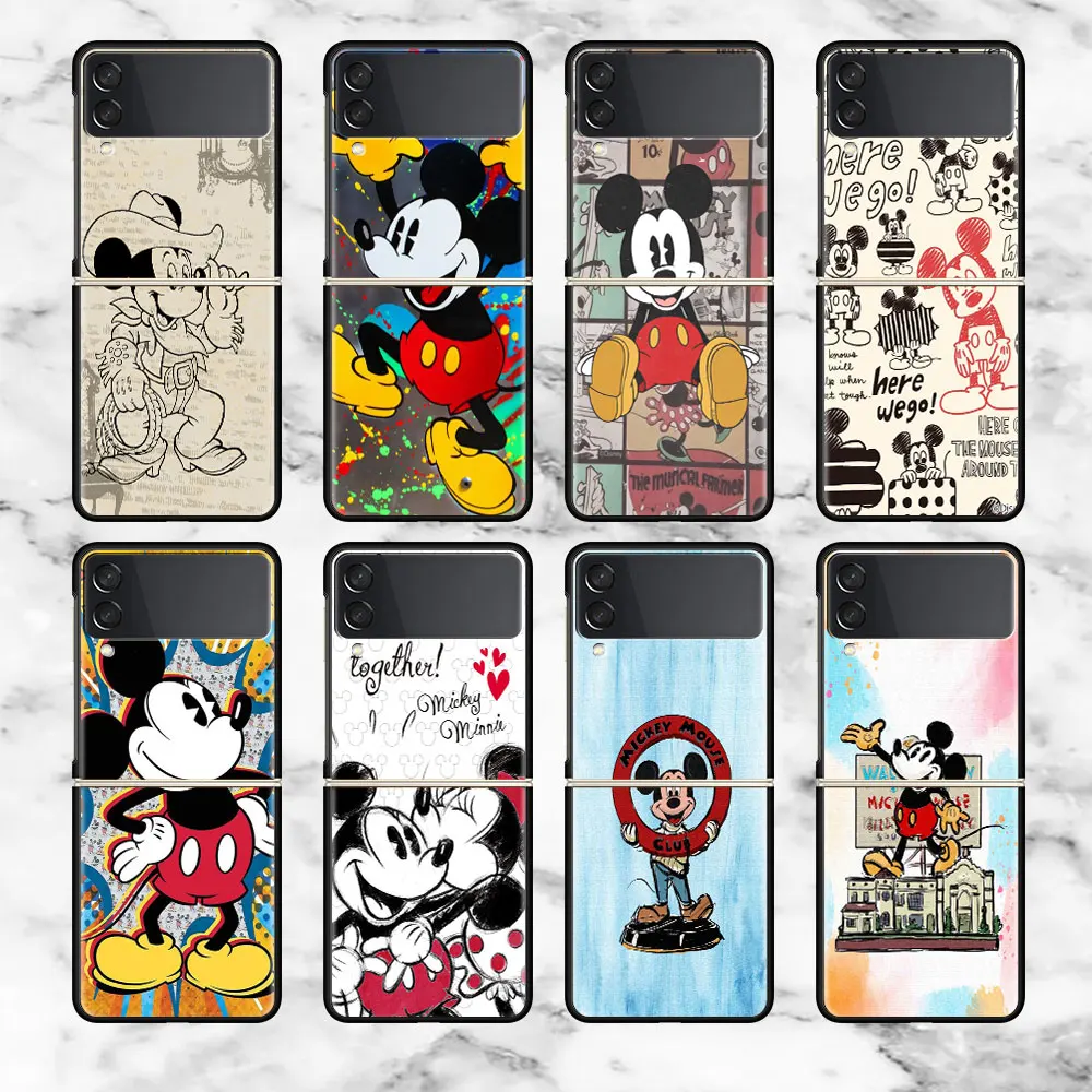 Retro Mickey Mouse Case Per Samsung Galaxy Z Flip 3 4 5G Antiurto Nero Pc Hard Zflip3 Zflip4 Luxury Funda Cover Posteriore Del Telefono