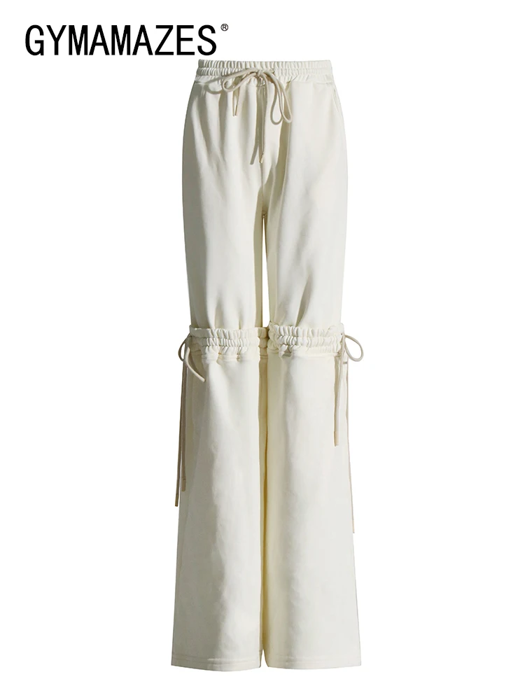 

GYMAMAZES Solid Patchwork Drawstring Straight Trouser For Women High Waist Spliced Pocket Casual Wide Leg Pants Female Fashion
