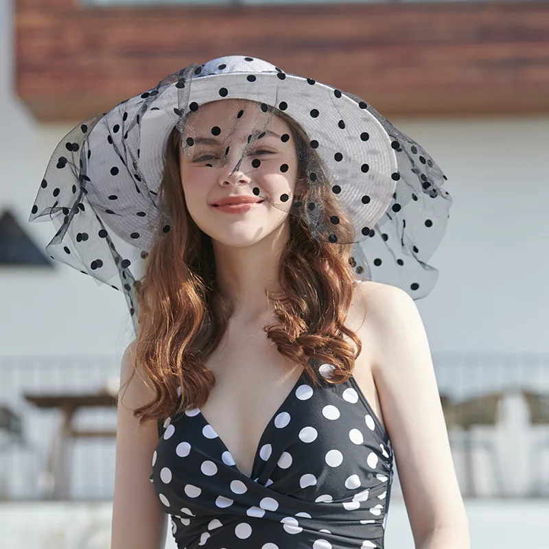 Sombreros de Sol de encaje para mujer, sombrero de playa de ala ancha con  puntos, gasa de encaje,moda coreana, gorra de lujo