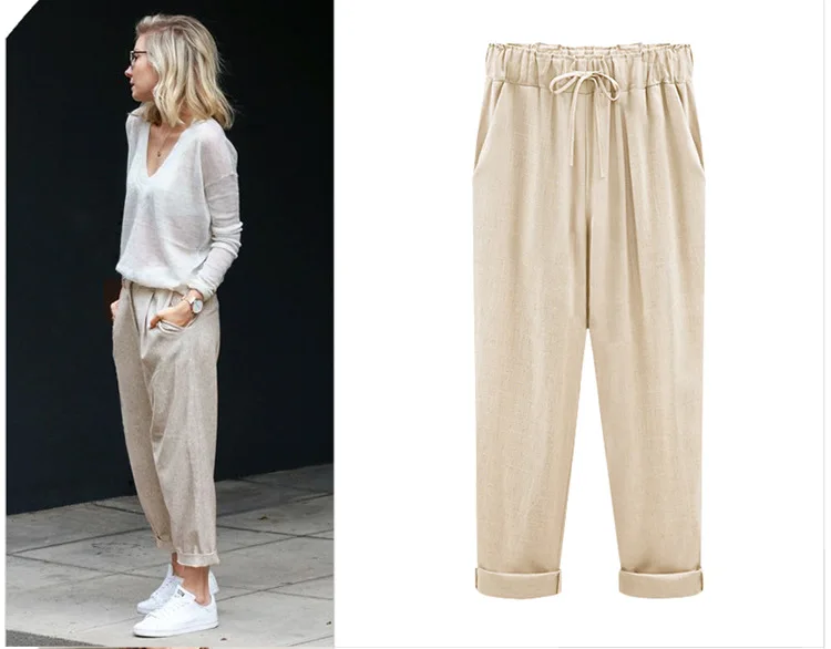 Cotton Linen Pants, Elastic Mid Waist Ankle Length Pant, Casual Women Loose Spring Pants, Female Slacks Size M-5XL 6XL 7XL 8XL_ecoleips.com