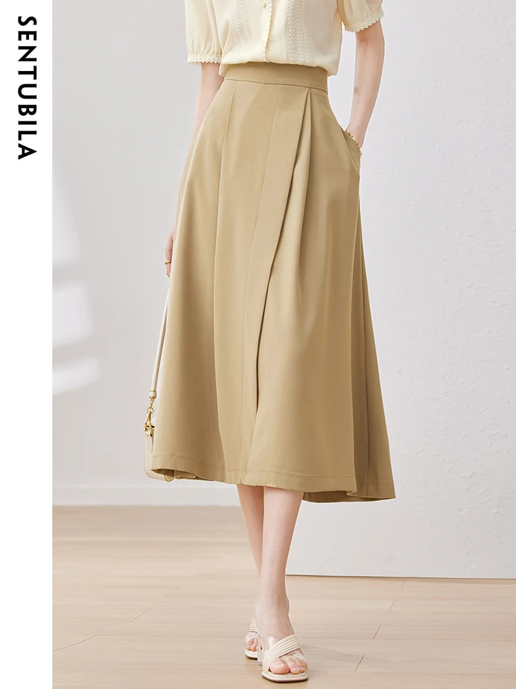 SENTUBILA A Line Deep Split Midi Skirts for Women 2023 Elegant Fashion Khaki Fake Wrap Swing Umbrella Summer Skirt Ladies