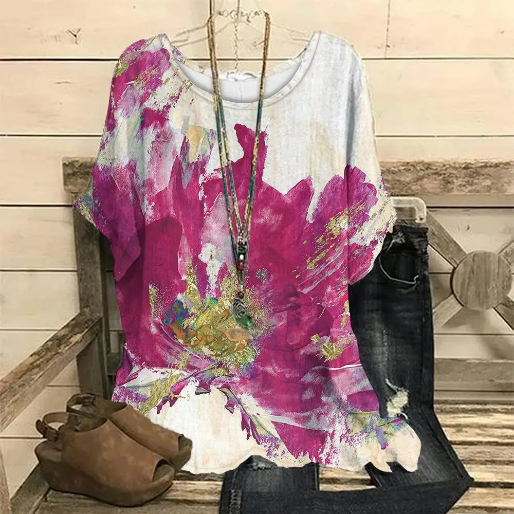 

Женская футболка с коротким рукавом и цветочным принтом, с круглым вырезом