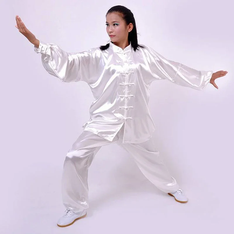 

Chinese Traditional Satin Clothes Men Women Tai Chi Kung Fu Uniform Tang Suit Set Button Stand Collar Exercise Wushu Clothing