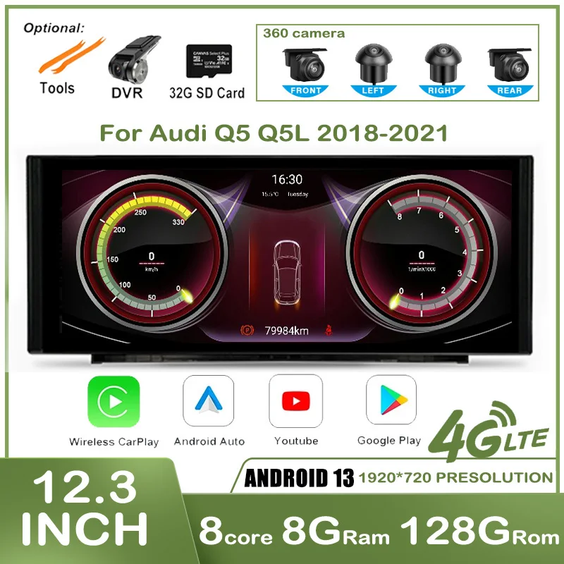 

12,3 "Android 13 Автомагнитола для Audi Q5 Q5L 2018-2021, автомобильный мультимедийный плеер с GPS, Carplay, радио, экраном, авто, 4G, Wi-Fi, беспроводной