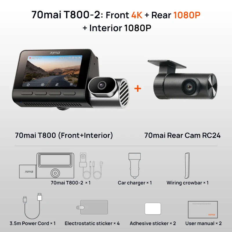 كاميرا داش 70mai T800 4K ثلاثية القنوات