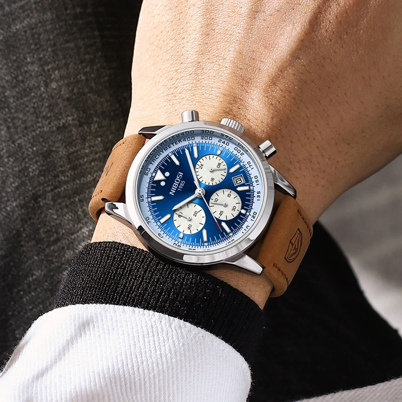 NIBOSI New Fashion Quartz Watch for Men Leather Waterproof Luminous Date Sports Chronograph Wristwatches Mens Relogio Masculino