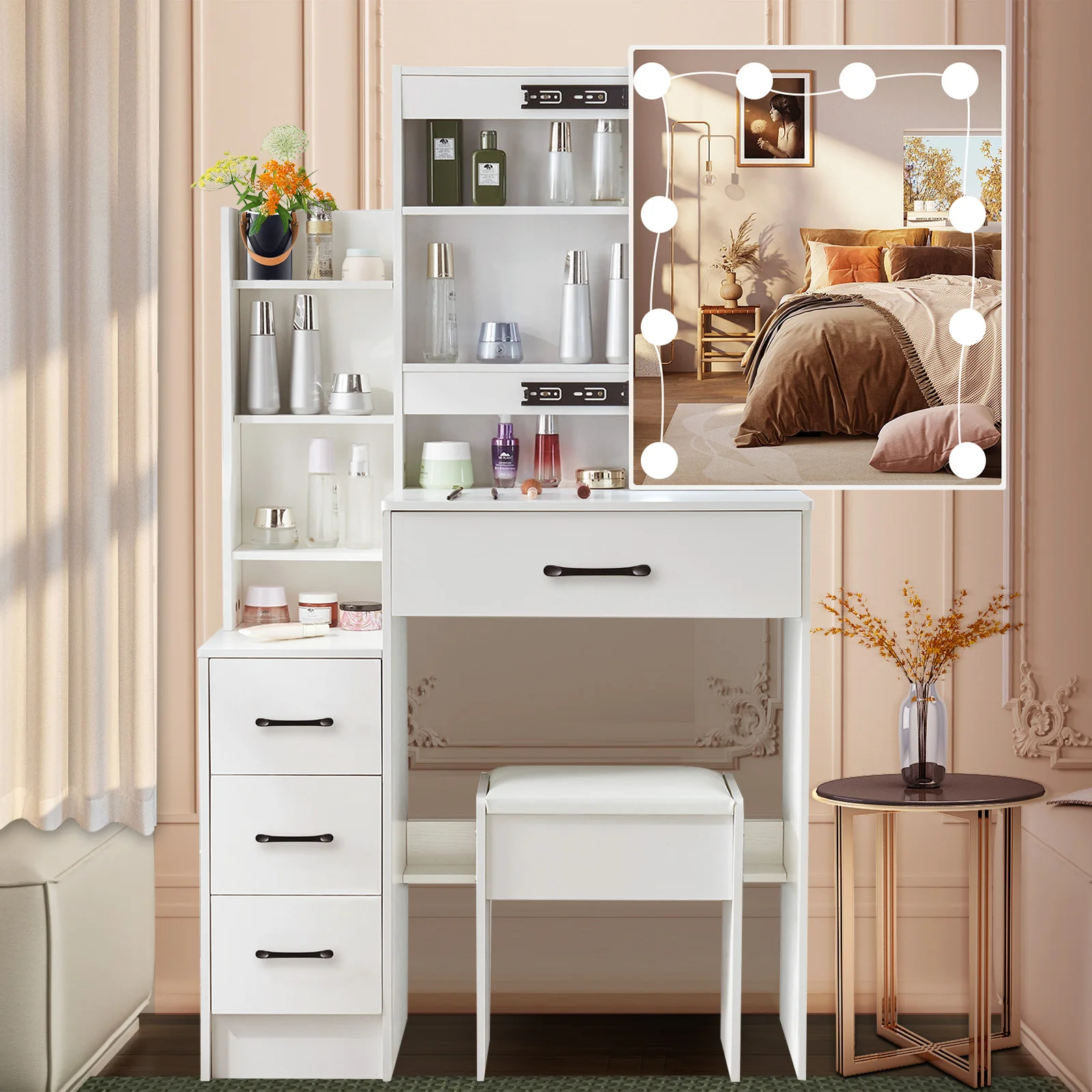 White LED Lighted Vanity Dressing Table Set DE with Mirror & Stool 3 Color Dimmable Touch Control Drawer Makeup Desk for Bedroom