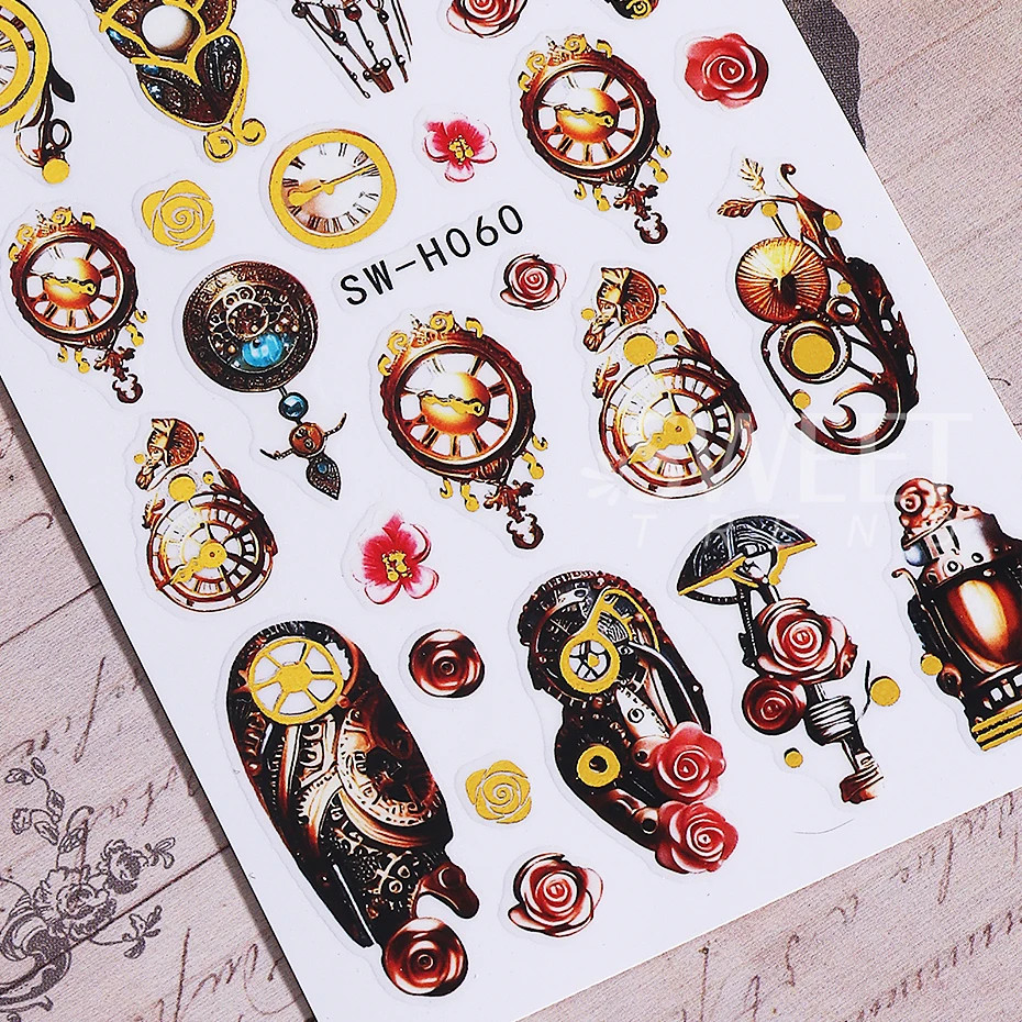 2pcs New Year Nail Art Stickers Self-Adhesive Retro Clock Rose Flower Gears Nail Decals Manicure Decoration Slider Nail Supplies