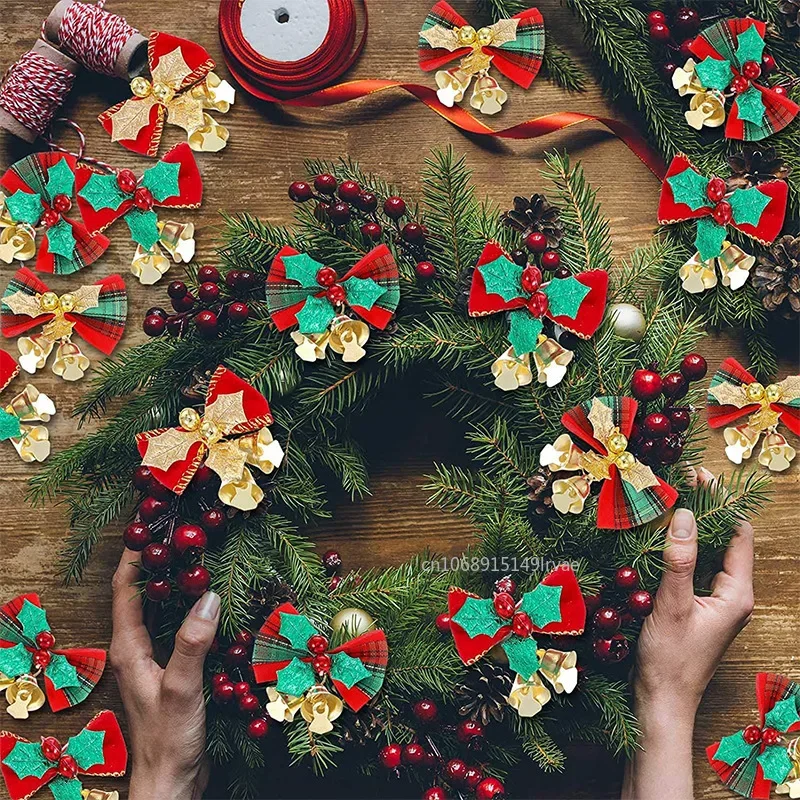 50-2PCS Christmas Bow with Bells Mini Bowknot Christmas Tree Garland Hanging Ornaments Xmas 2026 New Year Party Decorations
