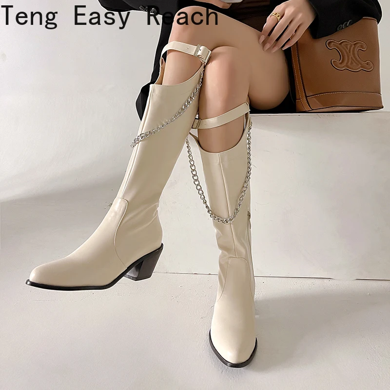 2022 Fashion Knee High Boots New Hollow Punk Style Thick Heel Zipper  Metal Chain Decoration Knee Boots Women's Shoes Size 34-43