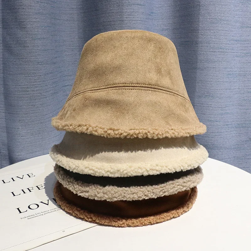 

Fashion Suede Lamb Wool Lined Bucket Hat For Women Lady Irregular Brim Autumn Winter Warm Fisherman Hat Casual Outdoor Basin Cap