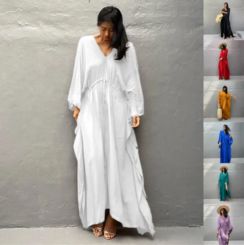 

VANOVICH 2024 Spring New Temperament Solid Color Cotton Loose Fit Waist Oversized Sexy V-neck Shirring Dress Casual Long Dress