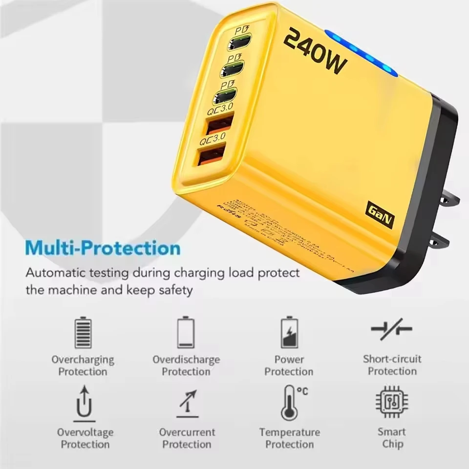 240W GaN USB C Charger 5 in 1 Fast Charging Phone Charger Power Adapter For iPhone Samsung Xiaomi Type C EU/US Plug Wall Charger 6