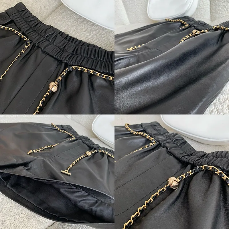 2023 Spring Brand New Designer Women's High Quality Sheepskin Genuine Leather Chain Wide-leg Shorts C455
