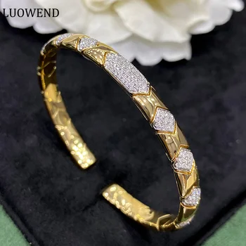 LUOWEND 100% 18K White and Yellow Gold Bracelet Lady Real Natural Diamond Luxury Fashion Diamond Grid Snake Shape Party Jewelry