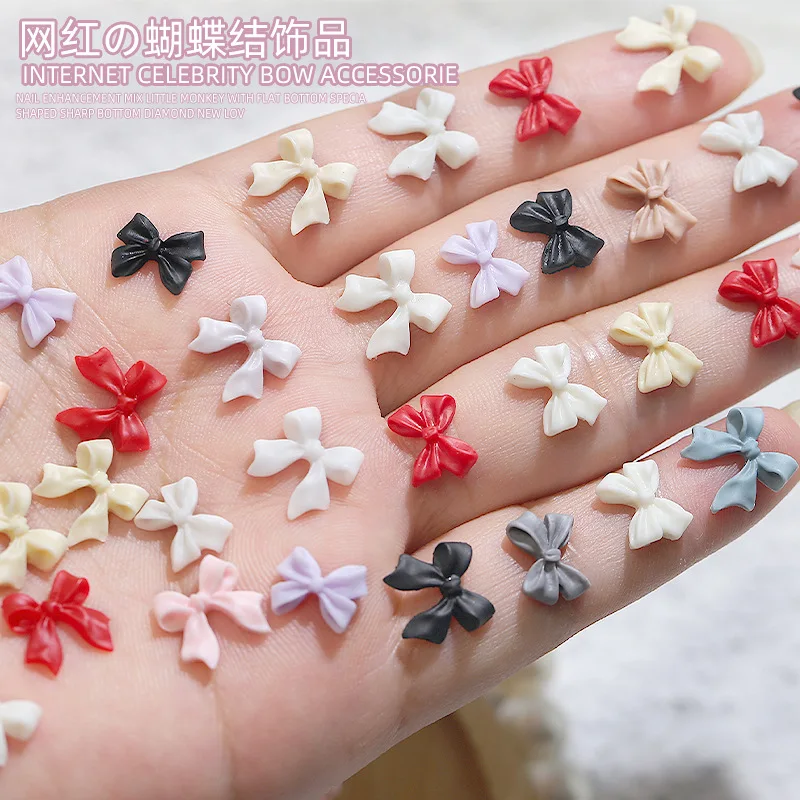 100Pcs Kawaii 리본 Bowknot 네일 매력 한국어 매니큐어 디자인 장식 활 수지 라인 석 쥬얼리 네일 아트 부품 악세사리