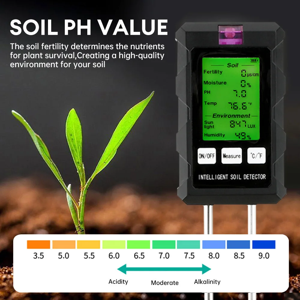 6-in-1 Soil Tester For pH Moisture Light Temperature Fertility Humidity/Rotatable Screen/Battery Powered