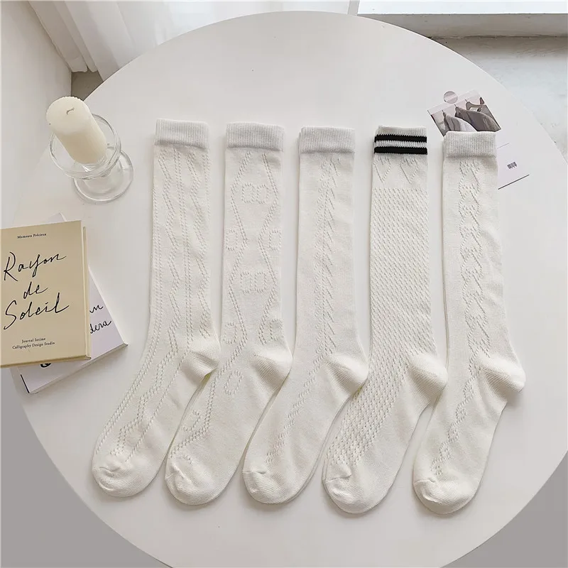 Fashion Women's Knee High Socks Streetwear Harajuku Cotton JK Two Stripe Mesh Japanese Lady Gift White Black Grey Long Sock hue socks