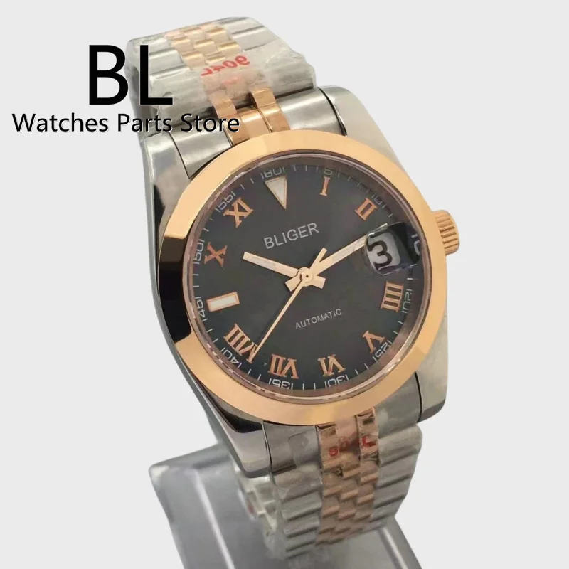 

BLIGER 36mm/39mm Watch For Men NH35 Two Tone Rose Gold Jubilee Bracelet Polished Bezel Gray Dial Rose Roman Index Sapphire Glass