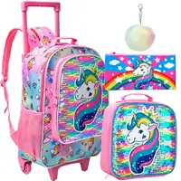 3PCS Rolling Backpack for Girls Kids Roller Wheels Bookbag  with Lunch Bag Pink Unicorn Glow-in-the-dark Function 1