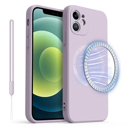 Magnetic Liquid Silicone Phone Case with Lanyard Strap & Magsafe Protector - iPhone 12 Mini (Purple)