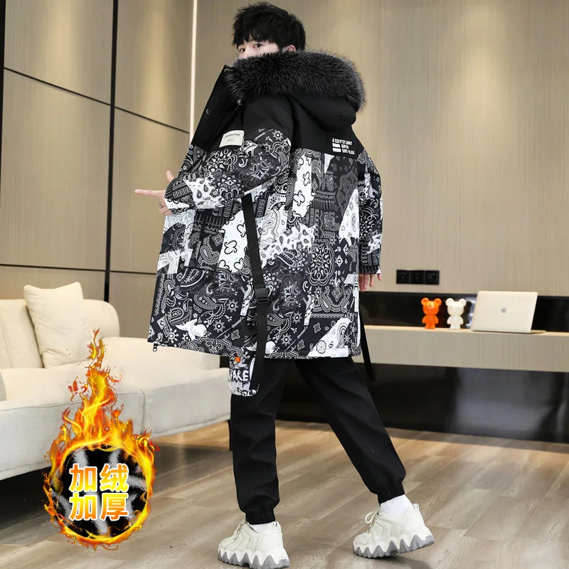 Winter Slim Long Trench Coat Men Letter Print Style Hooded Overcoat Black Hip Hop Streetwear Autumn Korean Mens Jacket