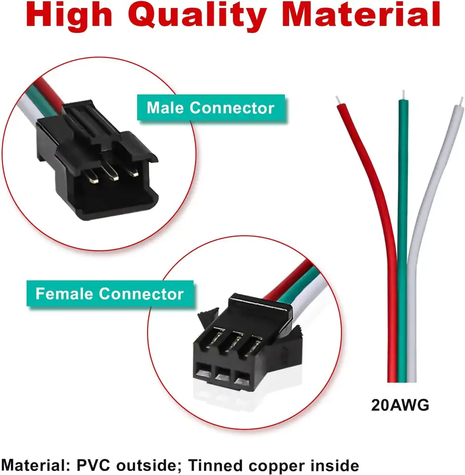 30 Pairs JST SM 3 Pin Connectors 15cm 20AWG Wire Female/Male LED Connector for WS2812B WS2811 WS2812 LED Strip Light image 6